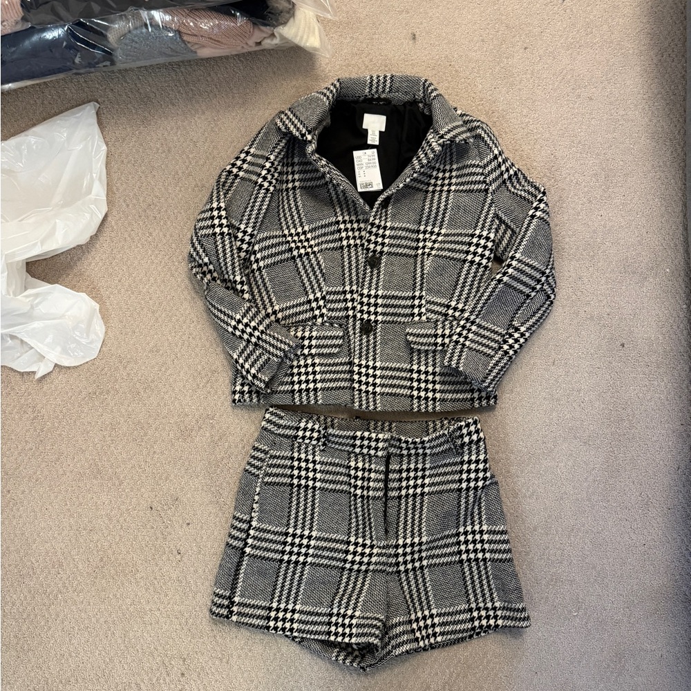H&M Black and White Plaid Blazer and Shorts Set